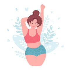 Attractive overweight woman in underware. Body positive, beauty diversity concept.  Vector illustration