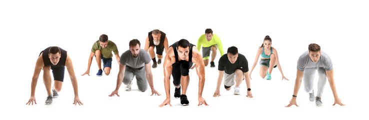 Group of runners in crouch start position on white background