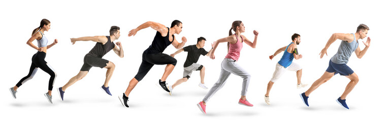 Group of sporty running people on white background