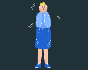 The woman covers her ears with her hands. Scared woman, upset office worker. Hand drawn Vector illustration
