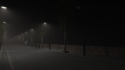 Empty Cobblestone Street Illuminated by Street Lights at Night 3D Rendering
