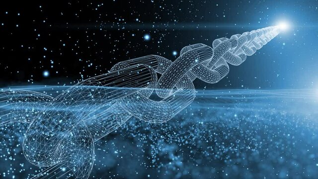 3D business blockchain chain network. Crytpocurrency concept on dark blue cyberspace background with glowing falling rotating dots.