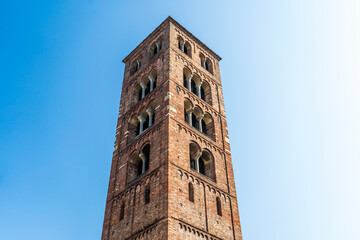The Romanesque bell tower of the Santuario della Consolata a Marian sanctuary and minor basilica...