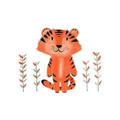 vector illustration with cartoon tiger and plants, symbol of the New 2022 painted in watercolor with orange plant branches, child's drawing of a tiger among flowers
