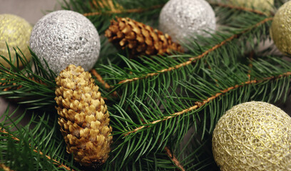Beautiful christmas card background with pine branch and cone