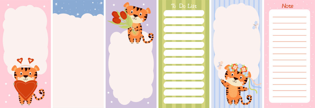Set of Weekly or daily planner set, note paper, to-do list decorated with tiger with of tulips, in floral wreath with butterflies and heart. Vector illustration. Vertical templates of spring stickers
