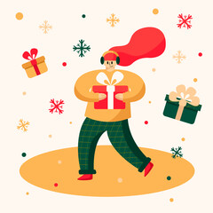 Vector Christmas illustration, happy girl with gifts in her hands, flying snowflakes, winter, festive mood, flat-style illustration for postcards, posters, banners, packaging.