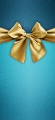 merry christmas gift card, golden shiny ribbon bow isolated on turquoise glittering background, top...