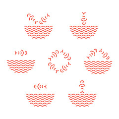 Poke bowl logos set and symbols in linear style. Fish jumping from water waves logotype. Fish ramen noodles soup symbols isolated. Seafood icons for restaurant, food delivery, store, menu collection