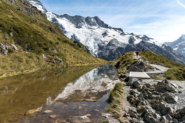Sealy Tarns Track - beautiful lake with reflection of Mount Cook -New Zealand