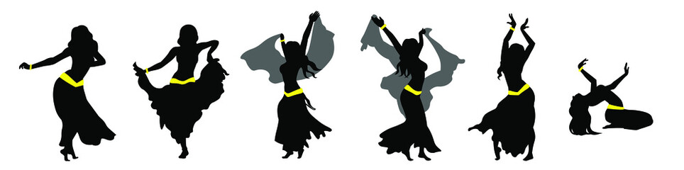 Set of woman performing belly dancing silhouette vector illustartion