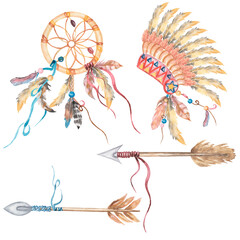 Watercolor hand drawn Boho Cliparts set, Dream Catcher illustration, Feathers Headdress, Arrows, Warbonnets.