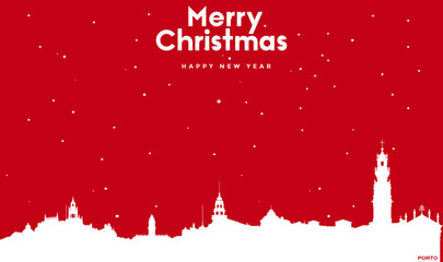 Christmas and new year red greeting card with white cityscape of Porto
