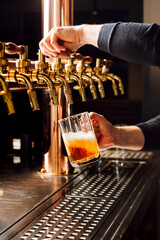 A professional bartender drafting beer in a pub