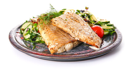 Plate with tasty baked cod fillet and vegetables on white background