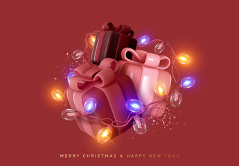 Christmas gift box. Presents with surprise, wrapped in bright light burning garland. Xmas festive background with realistic 3d design element. Happy New Year. Three boxes. Vector illustration