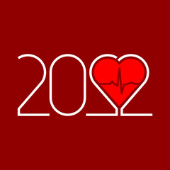 Happy New Year 2022 and Heart Shape From Number Twenty-Two. Breathing and Alive Sign Red Love Heart. Red Medical Blood Pressure, Cardiogram, Health EKG, or ECG Logo Concept