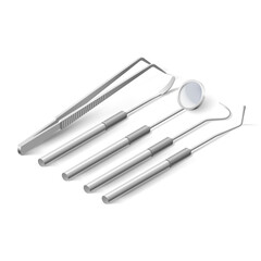 Basic Dentist Instruments and Tools. An Isometric Set of Metal Medical Equipment for Teeth Dental Care. Dental Hygiene and Healthcare Concept