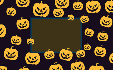 Halloween pumpkins with scary faces and mockup board on dark background. Illustration