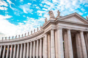 Streets of the city of Rome in Italy. Antique buildings with sculptures of the ancient city. Vatican Square, a beautiful historic center.