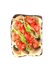 Tasty bruschetta with vegetables on white background