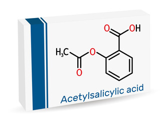 Acetylsalicylic acid, aspirin, ASA molecule. It is salicylate, analgesic and antipyretic medication. Skeletal chemical formula. Paper packaging for drugs.