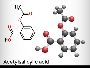 Acetylsalicylic acid, aspirin, ASA molecule. It is salicylate, analgesic and antipyretic medication used to treat pain, fever, inflammation. Structural chemical formula, molecule model