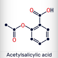 Acetylsalicylic acid, aspirin, ASA molecule. It is salicylate, analgesic and antipyretic medication used to treat pain, fever, inflammation. Skeletal chemical formula