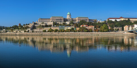 Fototapeta na wymiar Budapest, Hungary. Panoramic view of Castle Hill with Royal Palace, Castle Garden, Sandor Palace and Castle Hill Funicular. View from Danube in sunny autumn morning.