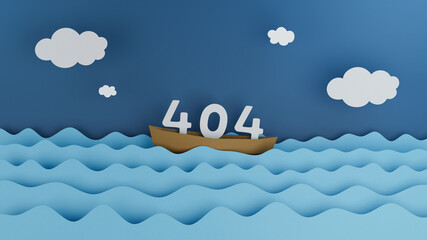 404, page not found in boat on blue waves, paper art. 3d illustration