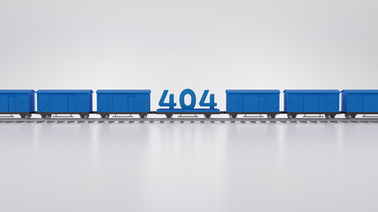 404, page not found on blue train carriage. 3d illustration