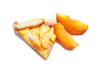 Piece of tasty peach galette on white background