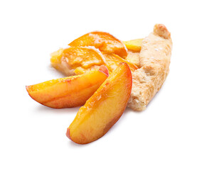 Piece of tasty peach galette on white background