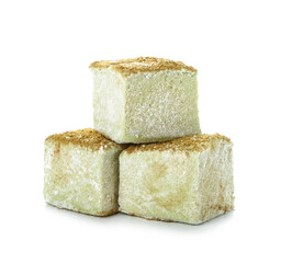 Tasty hojicha marshmallows on white background