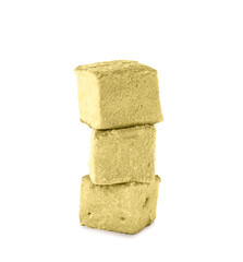 Tasty hojicha marshmallows on white background