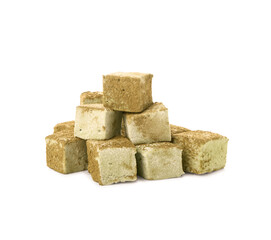 Tasty hojicha marshmallows on white background