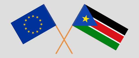 Crossed flags of the European Union and South Sudan. Official colors. Correct proportion