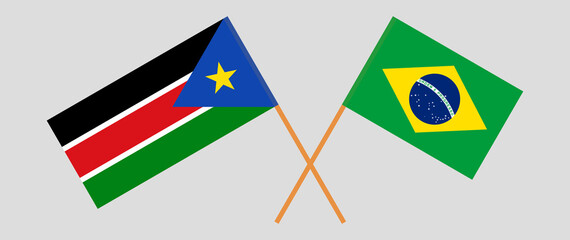 Crossed flags of South Sudan and Brazil. Official colors. Correct proportion