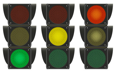 Traffic light sign three variations on. Photo-realistic vector illustration isolated on white background.