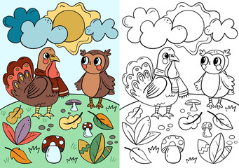 Thanksgiving day coloring page for kids. Coloring pages and colorful illustration with turkey and owl. Illustration for coloring, design, preschool education, print and game.
