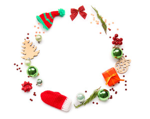 Frame made of different Christmas decor on white background