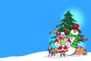 christmas Santa and snowman with elf and deer card template pop art comics