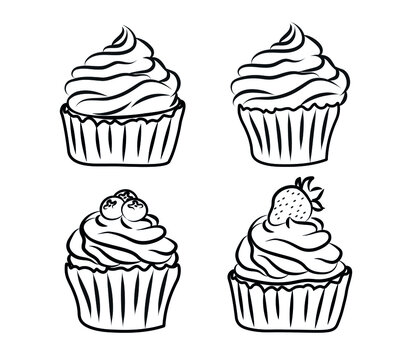 Vector image. A set of black and white cupcakes with cream and berries. Doodle style.An element for decorating postcards, printing bakery menus.