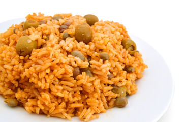 Chicken curry with vegetable curry and rice in plate on white