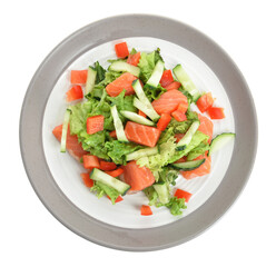 Delicious salad with salmon and vegetables in plate on white background