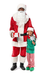 Little African-American boy dressed as elf with Santa Claus and gift on white background
