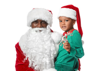 Little African-American boy with Santa Claus on white background