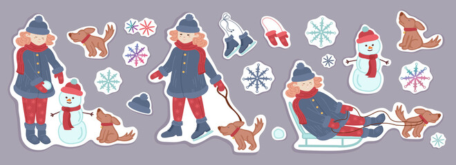Fototapeta na wymiar A set of winter stickers with a girl playing with a dog in the street. The girl walks with the dog makes a snowman, skates and sleigh rides. Winter elements vector illustration.