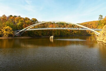 Bridge over the water. Colorful autumn landscape. Nature on the Brno dam. Czech Republic Europe.