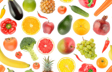 Seamless pattern from bright healthy fruits and vegetables isolated on white background.